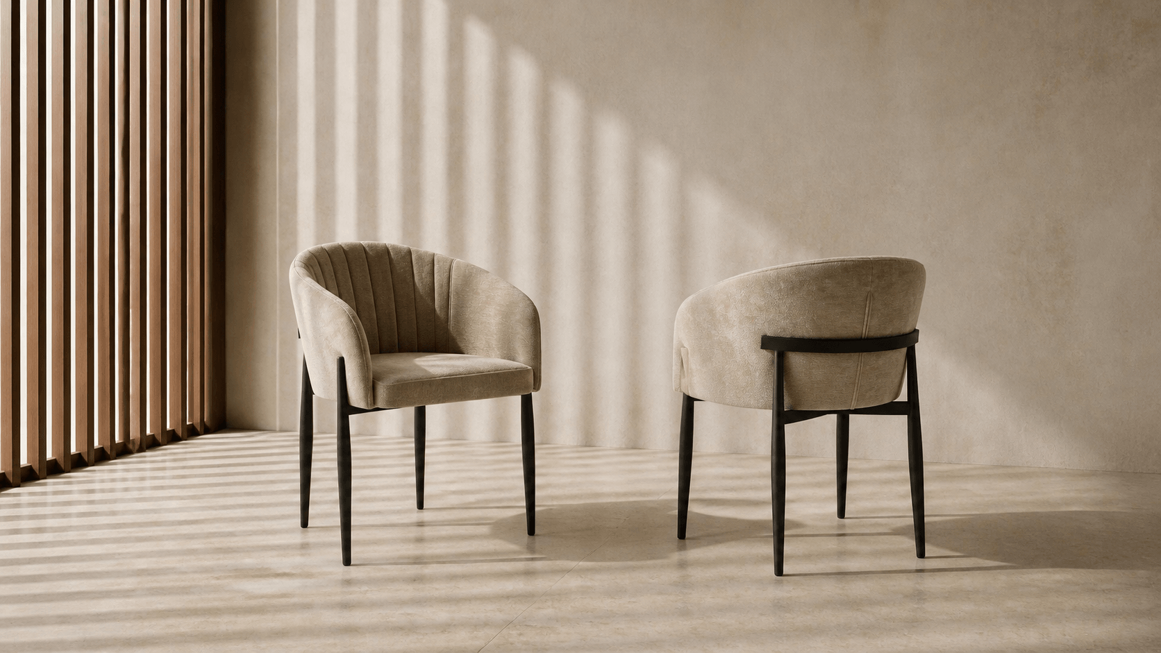 Two light beige ADORN 6354 dining chairs in a sunlit plaster and limestone interior