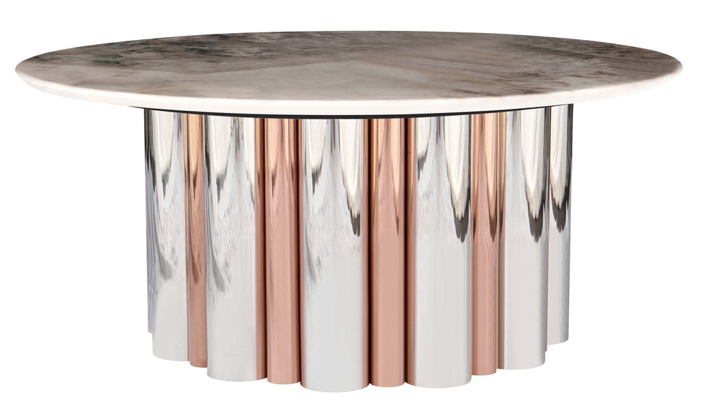 Stolik Kawowy Okrągły Kamień Naturalny 90x90 Nogi Inox Column, Biały