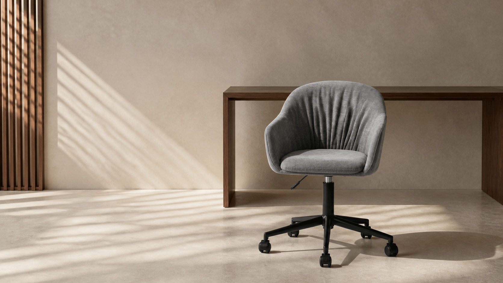 Grey ADORN 9-239 office chair beside a walnut desk in a sunlit interior
